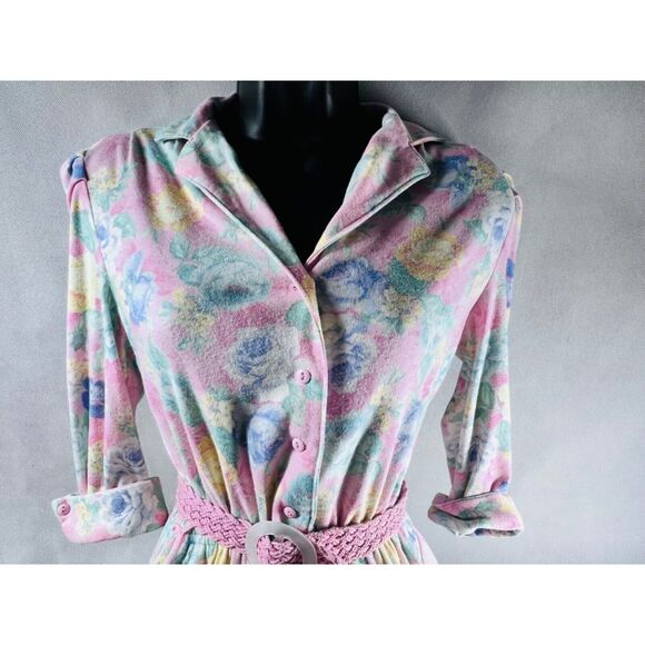Vintage Miss Oops California Floral Button-Down Dress With Belt Pastel Pink & B - Picture 6 of 16